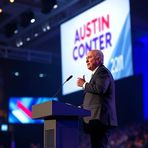 Action shot of keynote speaker delivering an inspiring speech at a tech conference in the Austin Convention Center.