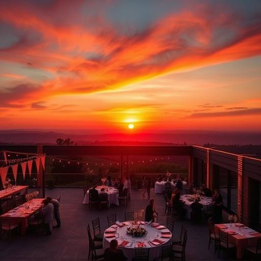 Aerial view of a wedding reception setup at sunset.