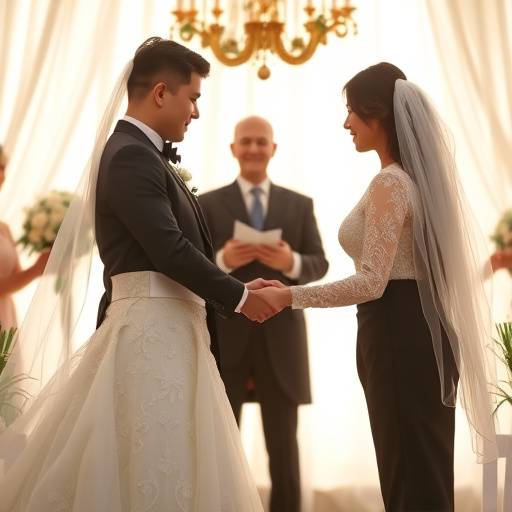 Bride and groom holding hands during their wedding ceremony.