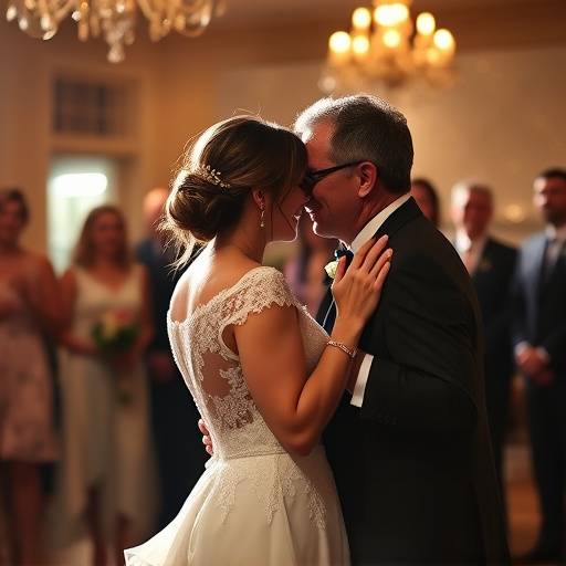 Candid moment captured of the bride's emotional reaction during her first dance with the groom, surrounded by close friends and family.