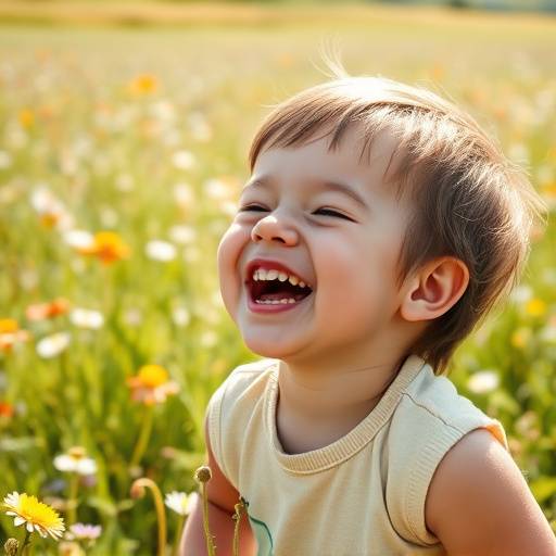 Candid shot of a child laughing in a field of wildflowers.