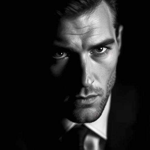 Dramatic black and white portrait of a man in a suit.
