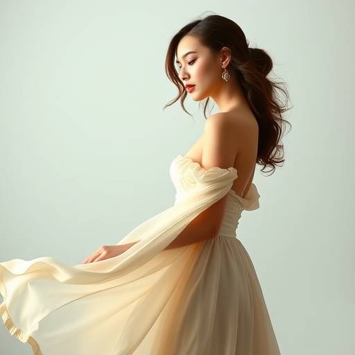 Elegant portrait of a young woman in a flowing dress, photographed in a natural light studio setting.