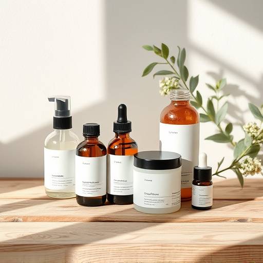 High-quality product shot of a line of organic skincare products arranged on a natural wooden surface.