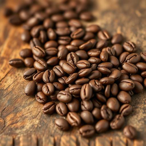 High-resolution product shot showcasing a new line of artisanal coffee beans, staged with rustic wooden elements.