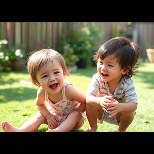 Joyful photograph of siblings playing in their backyard, captured with natural light and emphasizing genuine interaction.