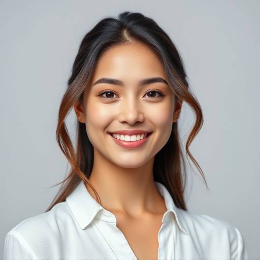 Professional headshot of a young woman smiling confidently in a studio setting.