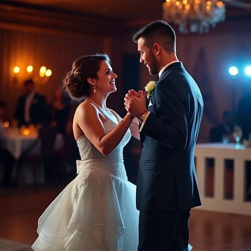 Romantic shot of a bride and groom holding hands during their first dance at their wedding reception.